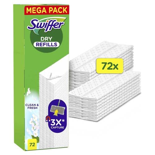 Swiffer Stofvanger, navulverpakking, droge doeken, 72 stuks, langdurige Febreze-geur, vangt 3 keer meer stof en dierenharen, bezem apart verkocht