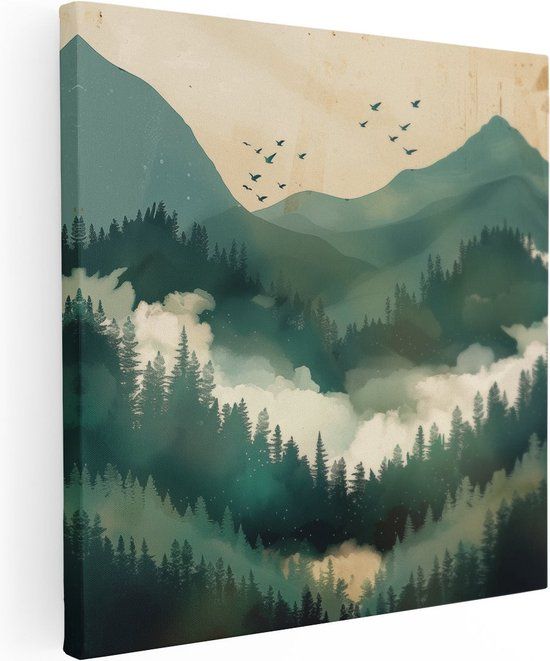 Artaza Canvas Schilderij Bos met Vogels - 80x80 cm - Canvas Print