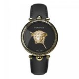 Versace VECO01922 Vrouwen Polshorloge - Roestvrij Staal - Goudkleurig - Zwart Kalfsleren Band - Zwarte Wijzerplaat