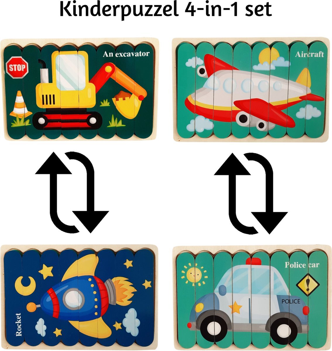 van Theo Houten Puzzel - Dubbelzijdige Kinderpuzzels - Set 4-in-1 - Montessori Speelgoed - Set Voertuigen