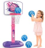 Panier de basket pour enfants, réglable en hauteur de 77 à 140 cm, avec 4 ballons et une pompe, de couleur rose