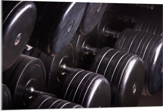 Merkloos / Sans marque Foto op Acrylglas - Rek Vol Dumbells in Sportschool - 105x70 cm