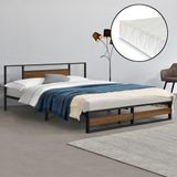 en.casa Lit en métal Villach avec matelas 180x200 cm noir et noyer