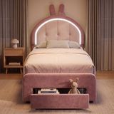 Mofor Lit rembourré une place 90x200 cm - Lit enfant avec tiroir et LED - Lit de rangement avec tête de lit réglable oreilles de lapin - Lit velours - Rose