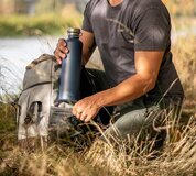 RVS drinkfles - 1000 ml - marineblauw - dubbelwandig - thermosfles