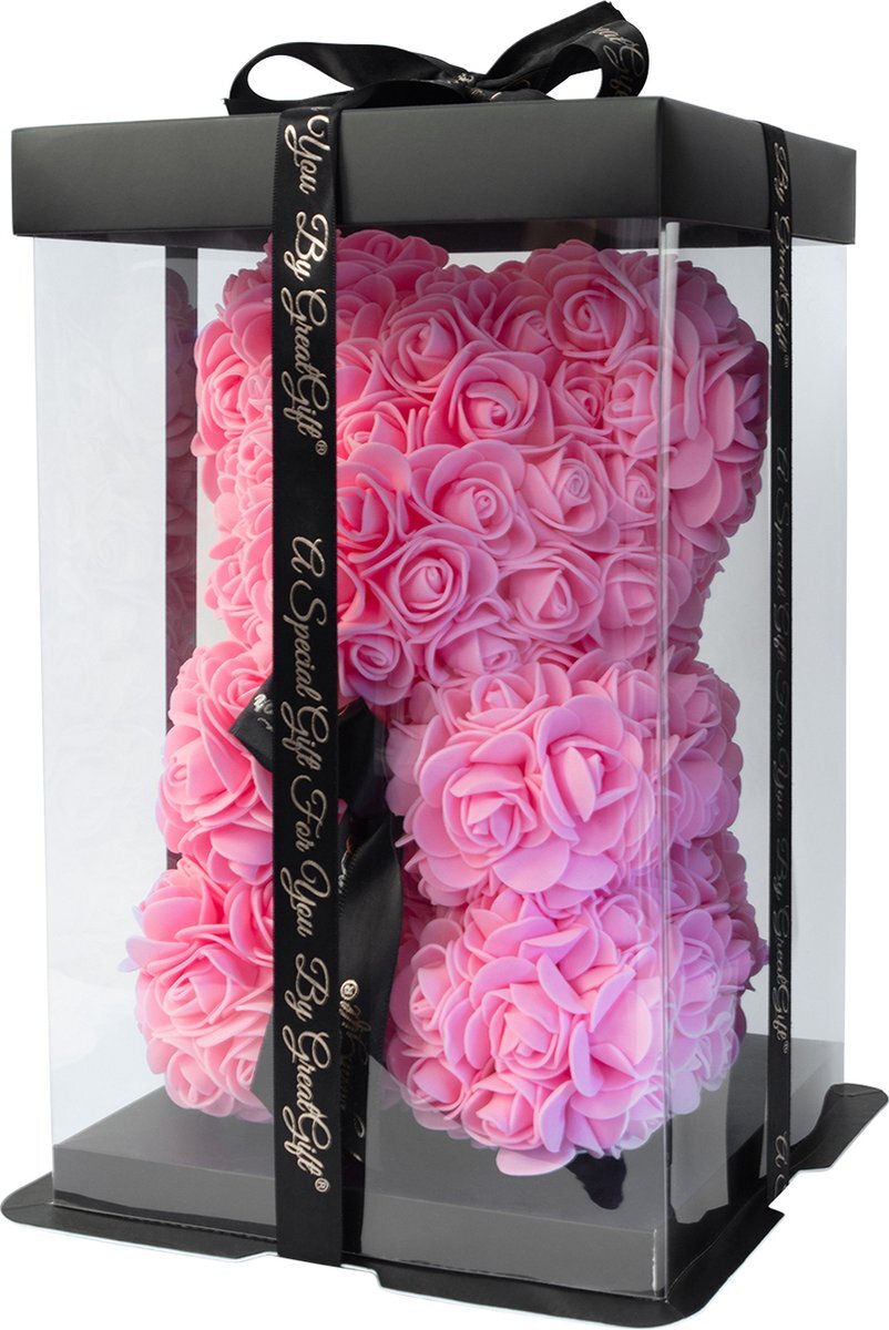 GreatGift GreatGift® - Roze Rozen Beer 25 cm + 75 rozenblaadjes - in Luxe verpakking -Rose Bear - Teddy Beer - Roze - Romantisch Cadeau - Valentijn - Cadeau voor haar