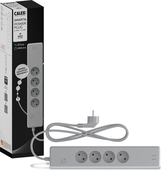 Calex Smart Wifi Stekkerdoos - 4-voudig met 2x USB-A (BE/FR) - Grijs
