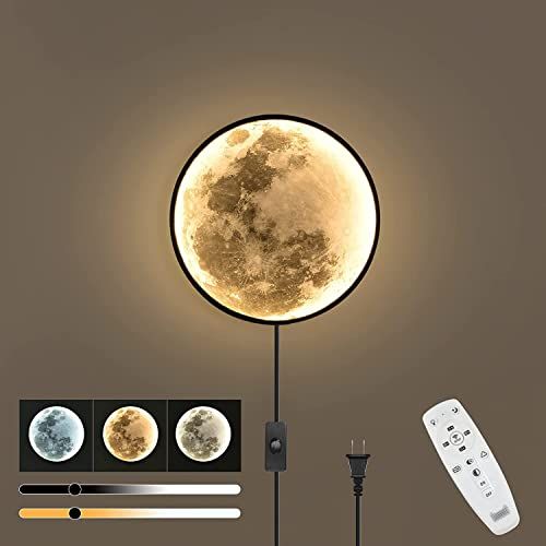 OOWOKS LED Moon-muur lamp Dimbaar met afstandsbediening Wandlamp met stekker en snoerschakelaar Nachtlampje Modus en geheugenfunctie Moon-nachtlampje voor kinderen Moderne wandverlichting Ronde binnen,30cm