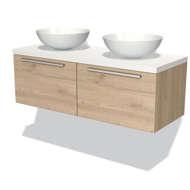 Maxaro Badkamermeubel Modulo Plato 120cm Lichtbruin Eiken 2 Lades Vlak Mat Wit Blad