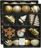 Decoris Kerstboomversiering kerstornamenten 50x stuks kerstballen en kersthangers figuurtjes goud met wit kunststof
