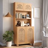OKWISH Kast – Hoge Opbergkast Met Open Vak En 4 Deuren – Verstelbare Plank Voor Woonkamer Of Hal – MDF Naturel – 80x40x180 Cm