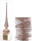 Decoris Kaemingk B.V. Kerstversiering glazen piek glans 26 cm en folieslingers pakket lichtroze van 3x stuks - Kerstboomversiering