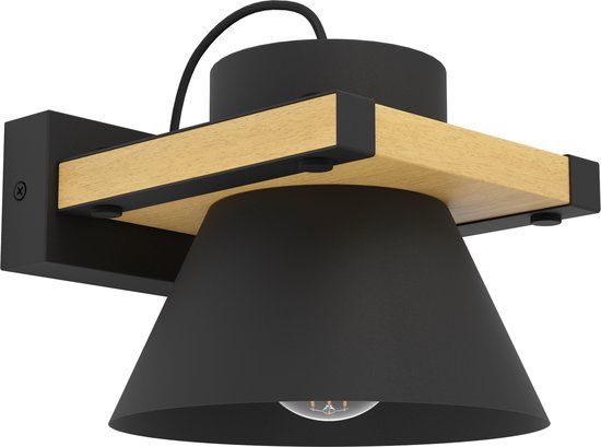 EGLO Maccles Wandlamp - E27 - 18 cm - Zwart/Bruin - Staal/Hout