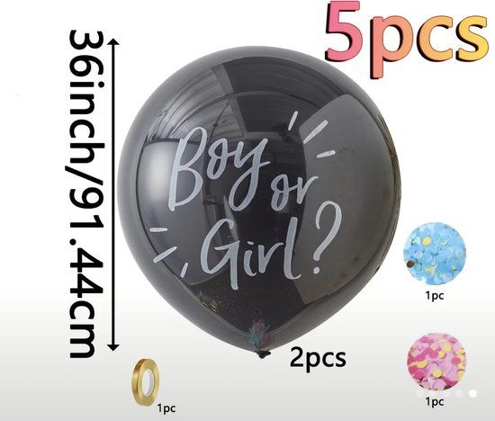 Merkloos 5 delige Gender Reveal Ballon – 2 balonnen - meisje of jongen - Boy or Girl – Zwarte Ballon met Roze & Blauwe Confetti – Babyshower Verrassing