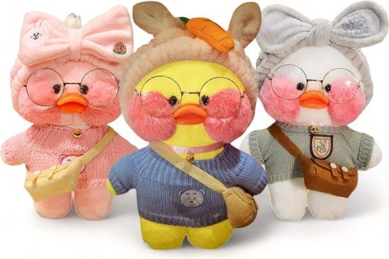 Klikkopers® Paper Duck - Cute Eend - Lalafanfan Duck Set van 3 Knuffels - Kawaii Pluche Dieren - Met Accessoires - 30cm