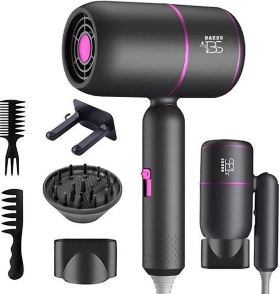 BAESS Föhn met diffuser - Reisföhn Inklapbaar - Ionische Haardroger - 2000W - Coolshot - Krullen - Haarföhn - Hair Dryer - Grijs