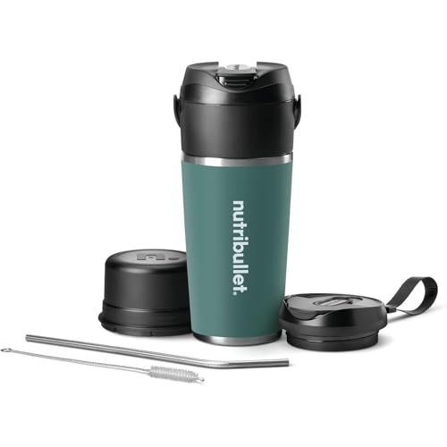 NutriBullet Flip NBP016EUC, draagbare blender met thermosbeker van 590 ml, houdt 24 uur koud, inclusief deksel en rietje, USB-C-opladen, roestvrij staal, eucalyptuskleur