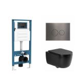 QeramiQ Dely Swirl Toiletset - inbouwreservoir Qeramiq Flush - slim zitting - metaal gunmetal bedieningsplaat - ronde knoppen - mat zwart