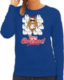 Bellatio Decorations Bol Foute Kerst Sweater / Kersttrui met Hamsterende Kat Merry Christmas Blauw voor Dames - Maat S