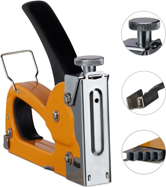 Relaxdays tacker 500 nieten - nietpistool - handtacker - handmatig - ijzer - oranje zilver