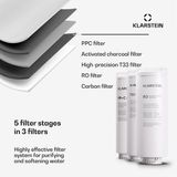 Klarstein système de filtration d'eau par osmose inverse, 400 GPD, 1500 litres, système de filtration d'eau pour eau potable, filtration à 5 étapes, 3 filtres, atteint 99,99 % de pureté, installation rapide par osmose inverse RO