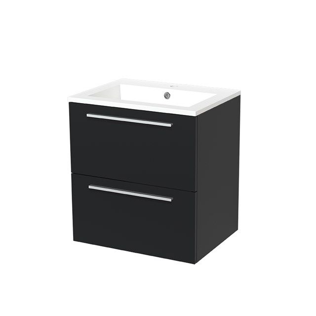 Maxaro Badkamermeubel 60cm Modulo Mat Zwart 2 lades Vlak Wastafel Mineraalmarmer