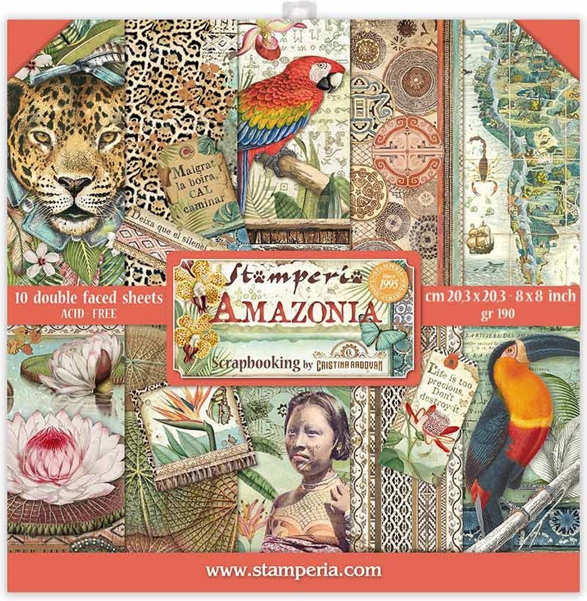 Stamperia Mini Scrapbooking Pad-Dubbelzijdige Bladen-Amazonia, Papier, Hout, 8 x 20,3 cm