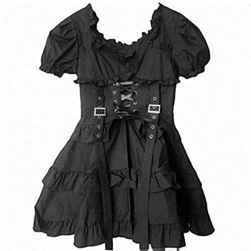TSUSF Gothic Vrouwen Jurk O Hals Korte Mouw Hoge Taille Ruches Lolita Jurken Vrouwelijke Mode Kleding (Color : Size : S) waterspeelgoed kopen? | | helpt je kiezen