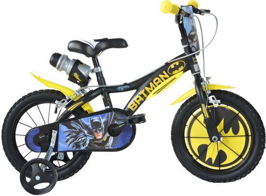 Dino Batman Kinderfiets 14 Inch - Zwart/Geel - Jongens - Incl. Zijwieltjes