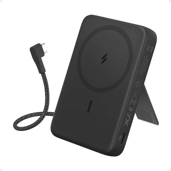 Anker New Zolo Magnetische Powerbank, Draagbare 10000mAh Draadloze Externe Batterij met 30W Max Snelladen, Ingebouwde USB-C Kabel en Verstelbare Stand Zwart