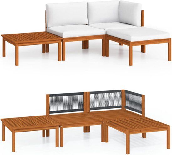 vidaXL 4-delige tuinloungeset met kussens crèmekleurig acaciahout en touw
