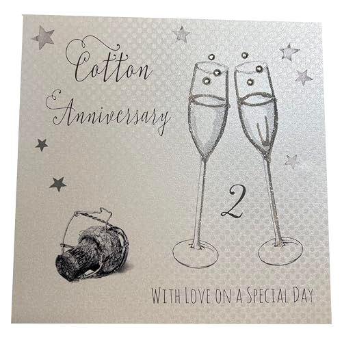 Witte Katoenen Kaarten - Katoen Liefde Op Uw Speciale Dag, Handgemaakte 2e Verjaardagskaart (Champagne Brillen)
