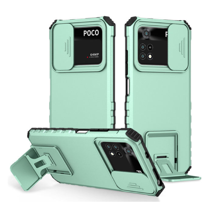 Keysion Keysion Xiaomi Poco M3 Pro (5G) - Kickstand Hoesje met Camera Slide - Cover Case Groen