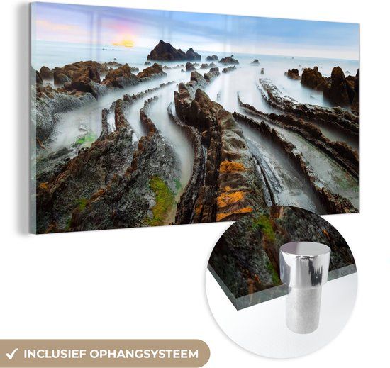 MuchoWow® Glass Painting 40x20 cm - Acrylic Glass Painting - Mist - Rocks - Water - Nature - Photo on Glass - Paintings