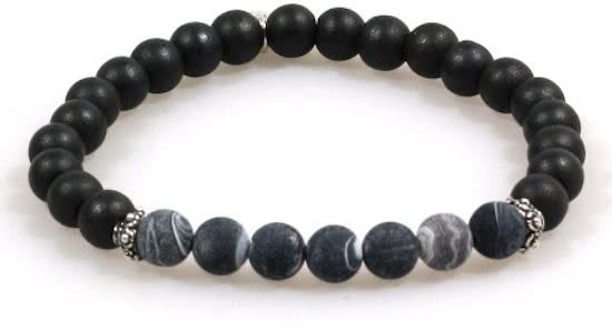 Heaven Eleven - heren armband - Zwart Hout 8mm Frosted Agaat natuursteen - 21cm voor andere maten zie omschrijving