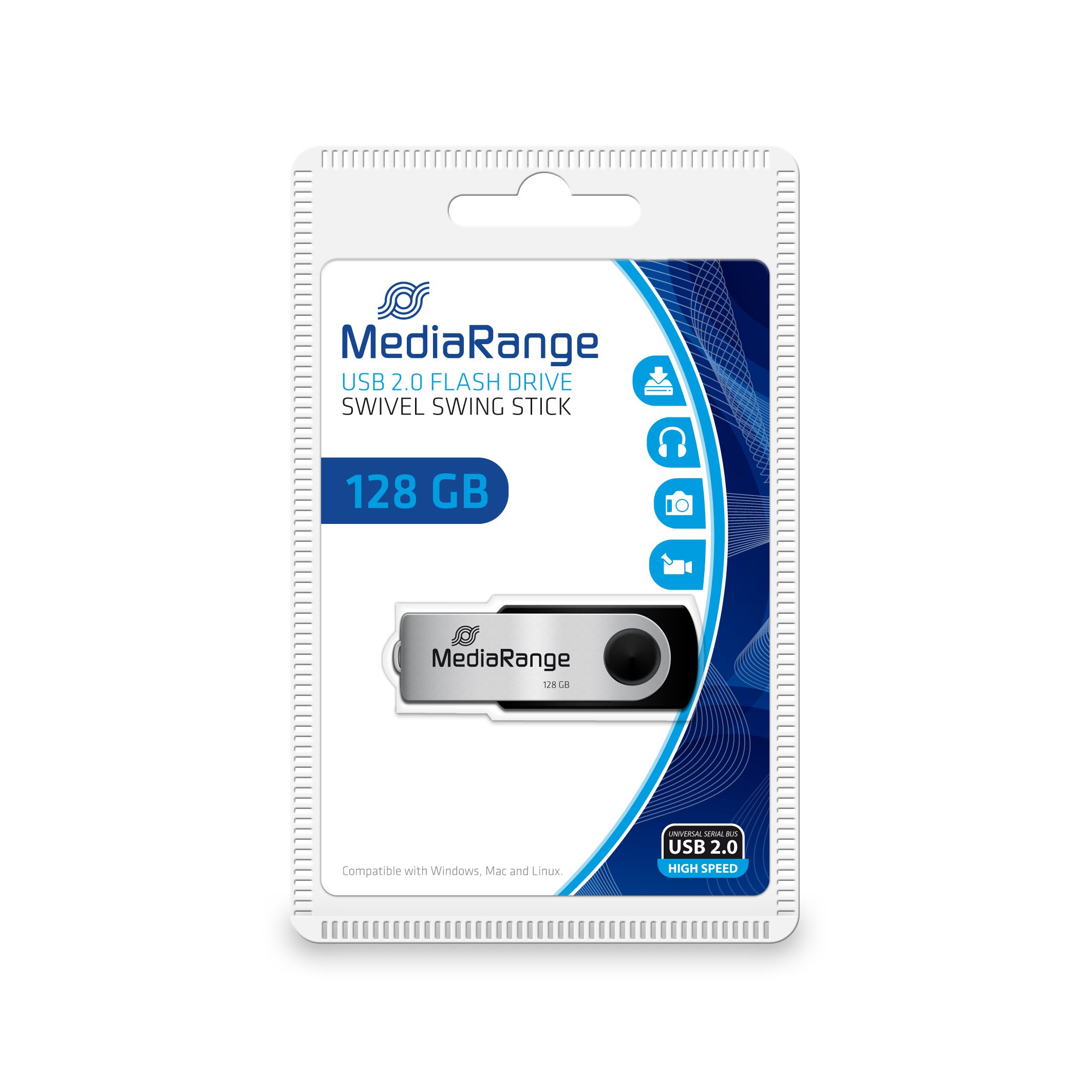 MediaRange MR913 USB Flash Drive - 128GB - USB 2.0 - Swivel - Black/Silver