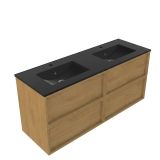 Saniclass Holz Frame Badkamermeubelset - 140x45x62cm - Vygo keramische wastafel zwart - 2 wasbakken - 2 kraangaten - 4 lades - mat eiken natural (hout) SW1578613/SW773922