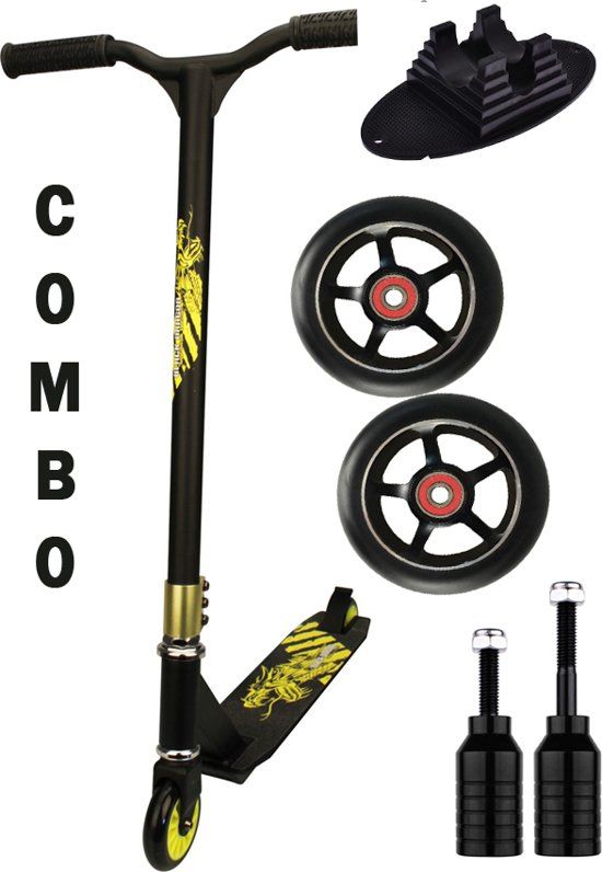 Black Dragon Stuntstep + Stunt Scooter Upgrade Pakket (Aluminium wielen + pegs + standaard) - Geel