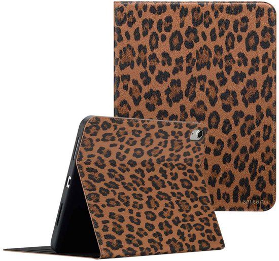 Selencia Sabi Bookcase met panterprint voor de Apple iPad 11 (2025) 11 inch A16 / iPad 10 (2022) 10.9 inch - Mocha Brown