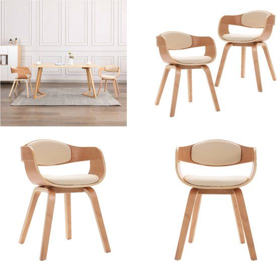 vidaXL Eetkamerstoelen - 2 stuks - Gebogen Hout en Kunstleer - Lichtbruin en Crèmekleurig