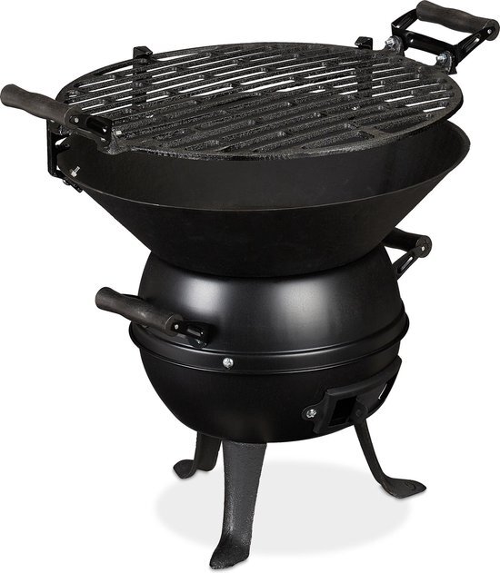 Relaxdays houtskool barbecue gietijzer - camping bbq - compact - grill - 35 cm - zwart zwart