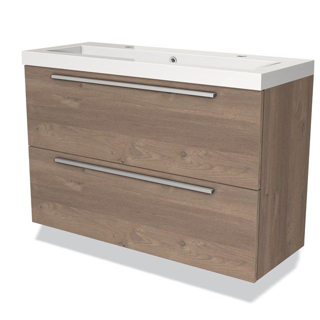 Maxaro Badkamermeubel 100cm Modulo Slim Middenbruin Eiken 2 Lades Vlak Wastafel Mineraalmarmer