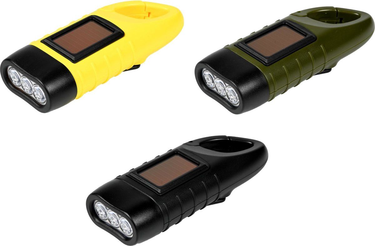 HOFFTECH Zaklamp met Karabijnhaak Solar met Dynamo - Meerkleurig