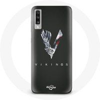 Maniacase Hoesje voor Samsung Galaxy A70 Vikings Series Seizoen 6 logo V Zwaard Grijs Zwarte Achtergrond
