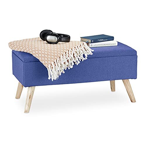 Relaxdays Zitbank met opbergruimte, gewatteerd, houten poten, kistbank stoffen bekleding, HxBxD: 39,5 x 79,5 x 39,5 cm, blauw