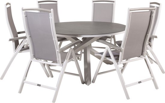 Copacabana tuinmeubelset tafel &#216;140cm en 6 stoel 5pos Albany wit, grijs, cr&#232;mekleur.
