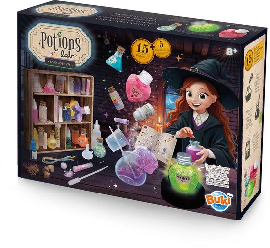 Buki France Buki Labo Potions - Wetenschappelijke en creatieve set voor kinderen 8+ | Creëert 15 kleurrijke en glinsterende drankjes met lichtgevende basis, magische ervaringen, accessoires en geïllustreerde handleiding - 2176