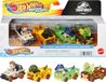Hot Wheels Speelgoedauto's, RacerVerse Set van 4, metalen voertuigen met personages uit Jurassic World als chauffeur: Charlie, Owen, Dilophosaurus en Allosaurus, HKD32