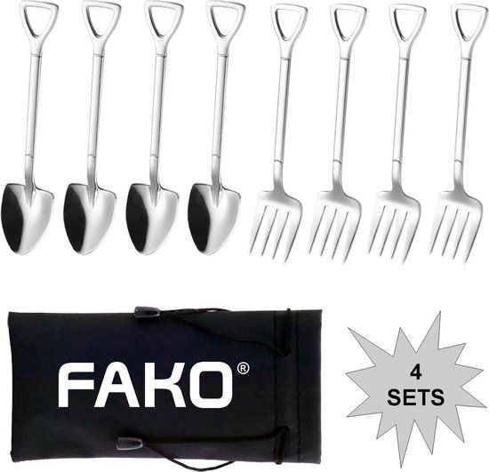 Fako Bijoux® Gebak Bestek - Dessert Bestek - Schep & Hark - Zilver - 8-delig - RVS - 4 Personen - Vaatwasserbestendig