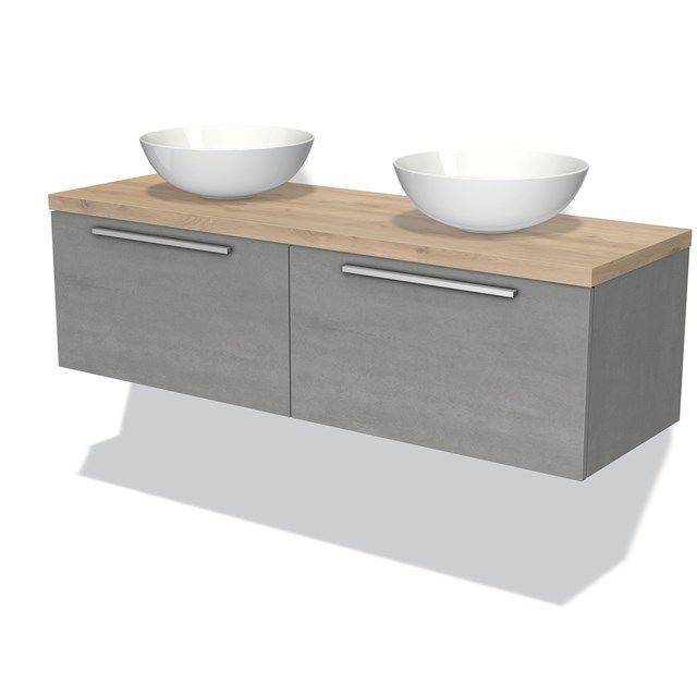 Maxaro Badkamermeubel Modulo Plato 140cm Lichtgrijs Beton 2 Lades Lichtbruin Eiken Blad